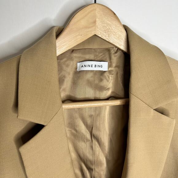 Anine Bing Ade Blazer Wool Blend Crossover Suiting Jacket Tan Beige Medium - Picture 5 of 14